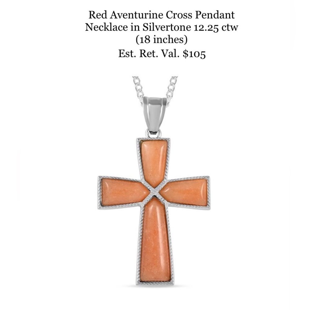 Red Aventurine Cross Pendant Necklace (18 inch) in Silvertone 12.25 ctw